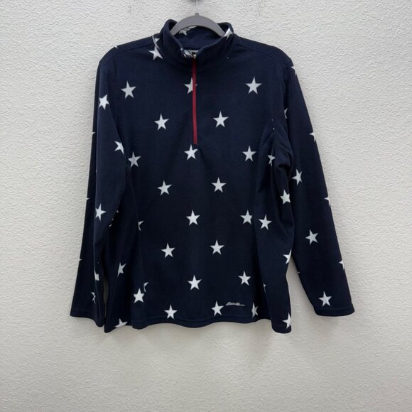 Eddie Bauer Star Print Navy Blue 1/4 Zip Fleece Pullover Sweatshirt Womens sz XL - Picture 1 of 9